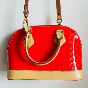 ARCADIA Red Patent‎ Leather Bugatti Satchel Made in Italy Tan Trim Purse